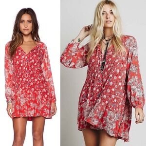 Free People Floral Lucky Loosey Mini Dress S Red Tunic Festival Boho Oversized